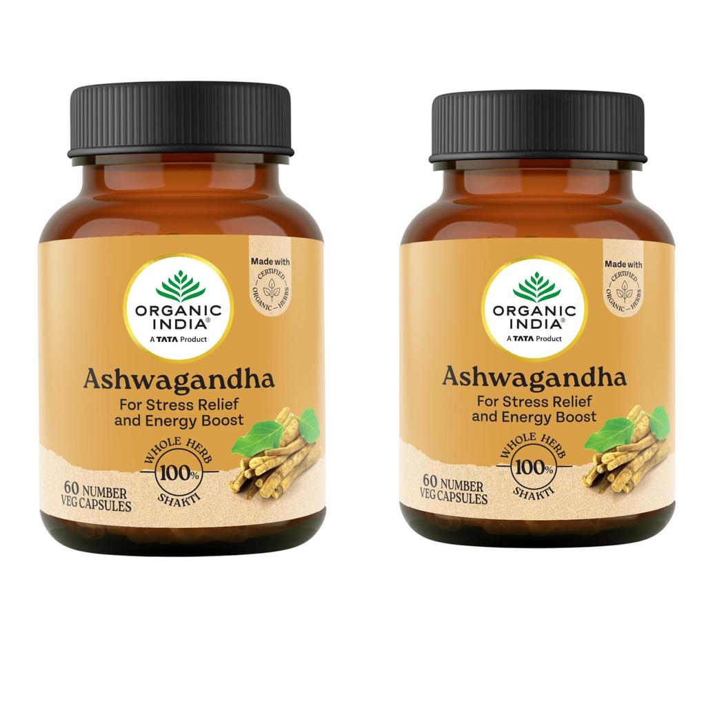 Organic India Ashwagandha Capsules 400mg 60 Veg Caps Pack of 2 for Energy Stress Relief & Vitality Support