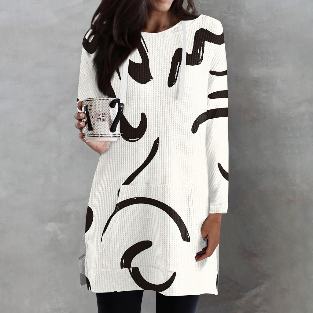 Женские свободные рубашки с принтом, длинные рукава, толстовки с завязками, трикотажные туники с боковыми разрезами, топы с капюшоном и карманом