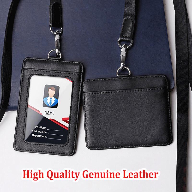 Fashion Genuine Leather ID Holder Business Staff Job Number Card Holders with Lanyard Bus Card Cover Student Worker Employee Card Case
