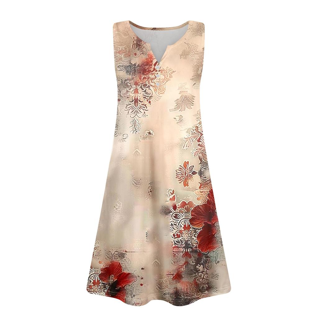 Женские летние платья Свободные сарафаны без рукавов с V-образным вырезом Платье с карманами