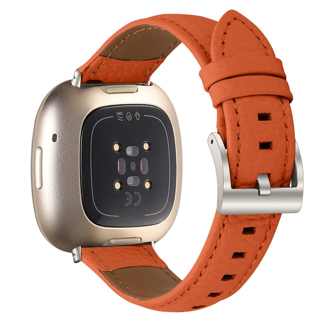 Litchi Textured Genuine Cow Leather Strap with Electroplated Buckle for Fitbit Versa 3/Sense Pointed-End Watch Band