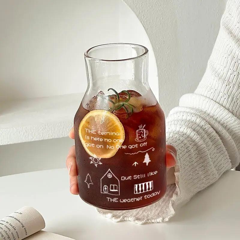 Simple Line Graffiti Glass,650ml Cold Brew Coffee Cup Large Capacity Water Glassware Office Milk Juice Drinkware Christmas Gifts