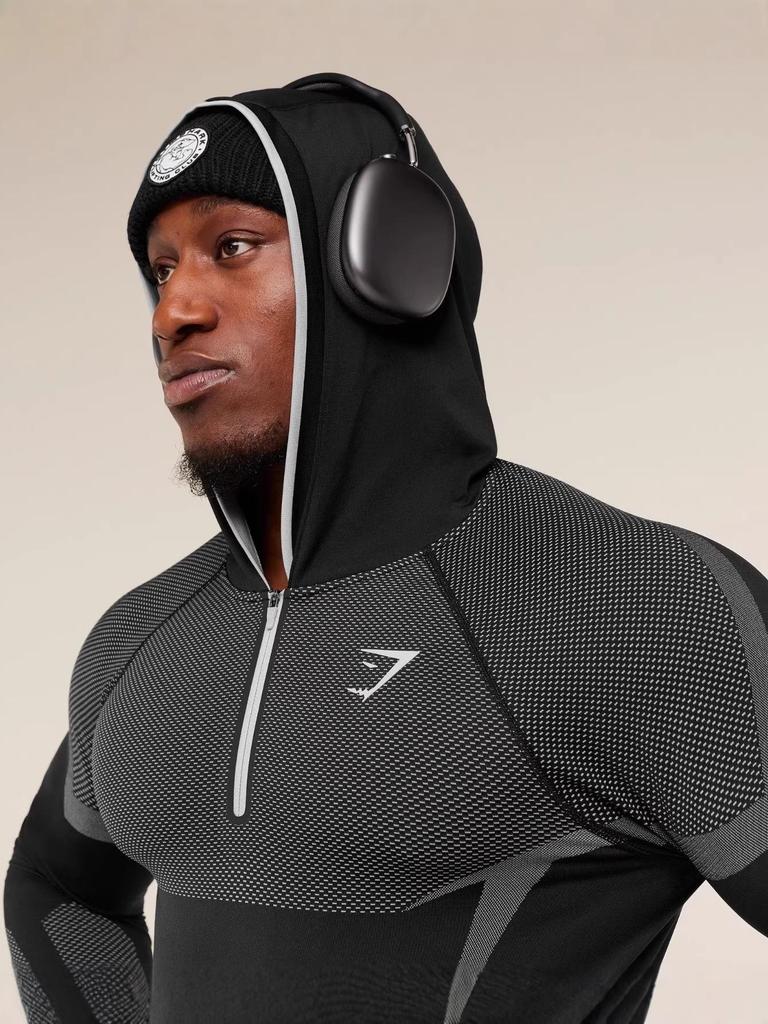 Мужская фитнес-футболка с длинным рукавом и капюшоном GYMSHARK Onyx с высокой эластичностью