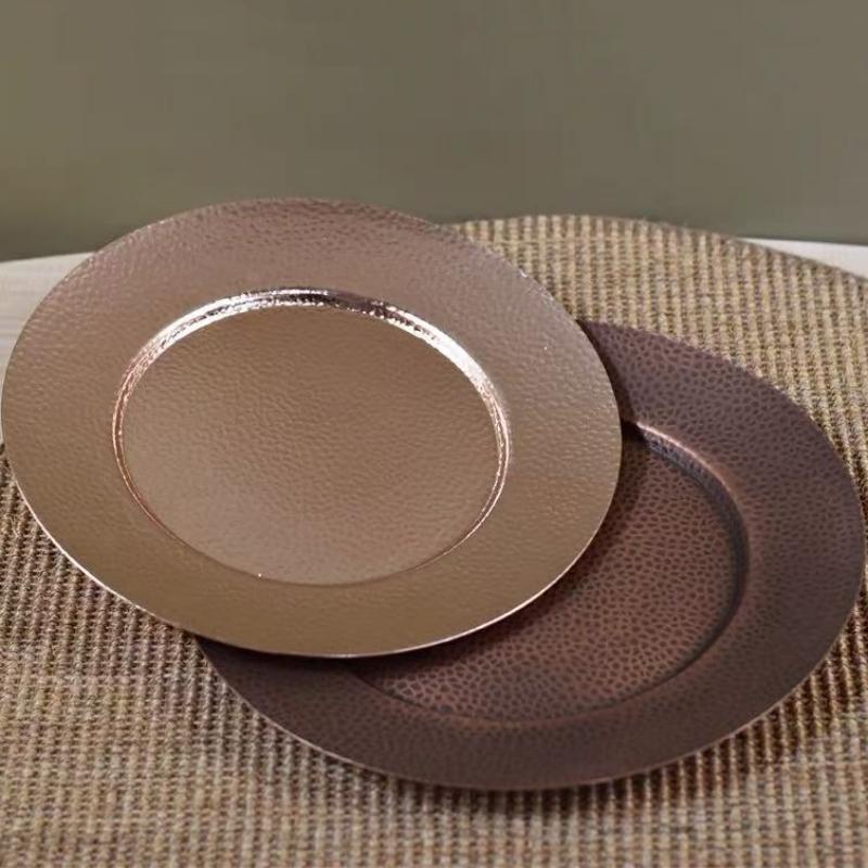 Round Shape Copper Snack Tray,Retro Engraving Luster Hammer Texture Home Food 28 cm Plate,Cheese Fruit Disc Table Decorationk