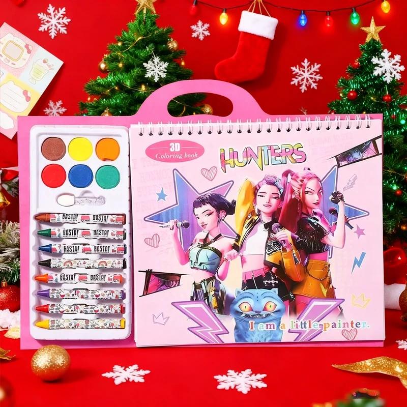 Рождественский подарок! K-pop Охотники на демонов Книжка-раскраска для детей – Мультяшное аниме Эскиз Линейное искусство, Обводилка-дудл с бесплатными мелками