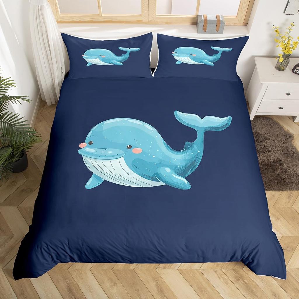 Blue Sea Whale Duvet Cover King Full Cartoon Ocean Animal Kids Bedding Set Coastal Beach Comforter Cover Ocean Waves Quilt Cover