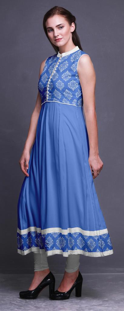 Bimba Синее дамасское индийское курти для женщин, готовое платье Anarkali с принтом, индийское курти