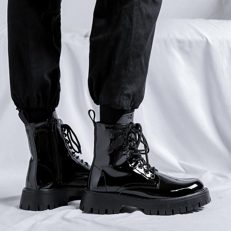 FashionWinter Новые кожаные мужские ботинки, черные модные мотоциклетные ботинки, универсальные уличные ботинки на платформе, мужские лодки Zapatos Para Hombres