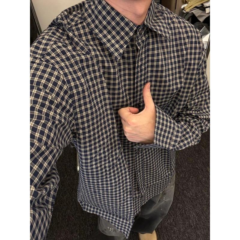 Vintage Plaid Long Sleeve Men Casual Shirt Summer Breathable