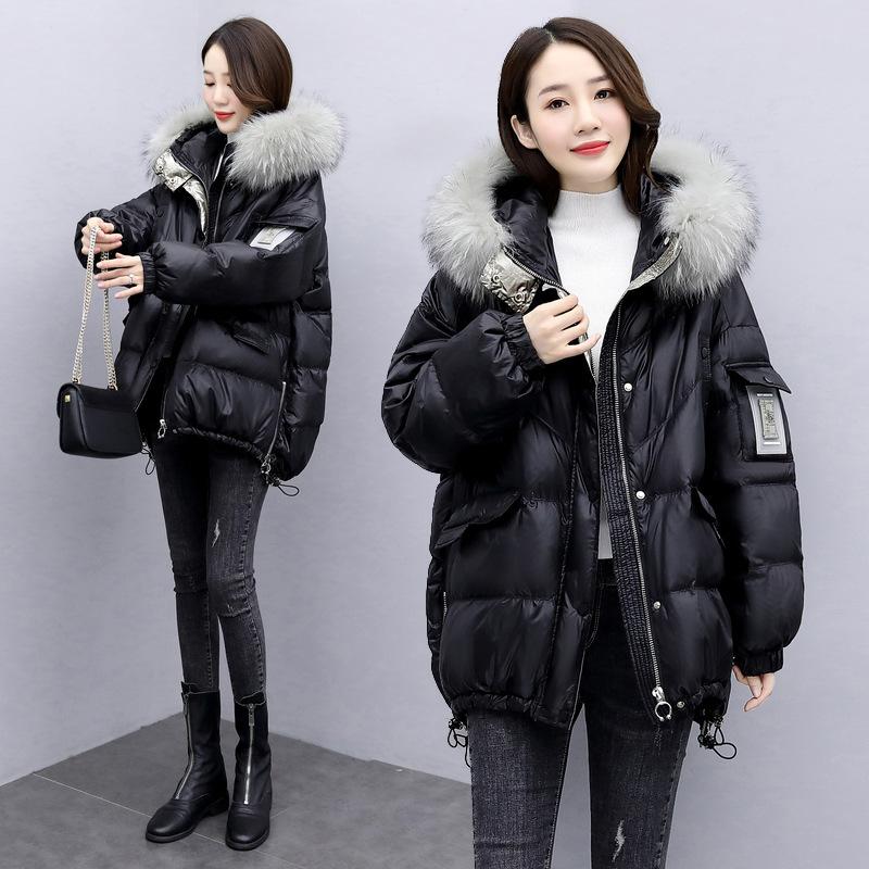 Зимняя теплая пуховая хлопковая куртка с меховым воротником и капюшоном, свободное женское утепленное пальто