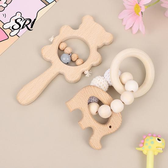 Beech Wood Baby Toy 1 Pair Wooden Rattle with Bell Beads Hedgehog Rabbit Elephant Bird Bead Teething Grip Ring Newborn Boys Girls Early Education