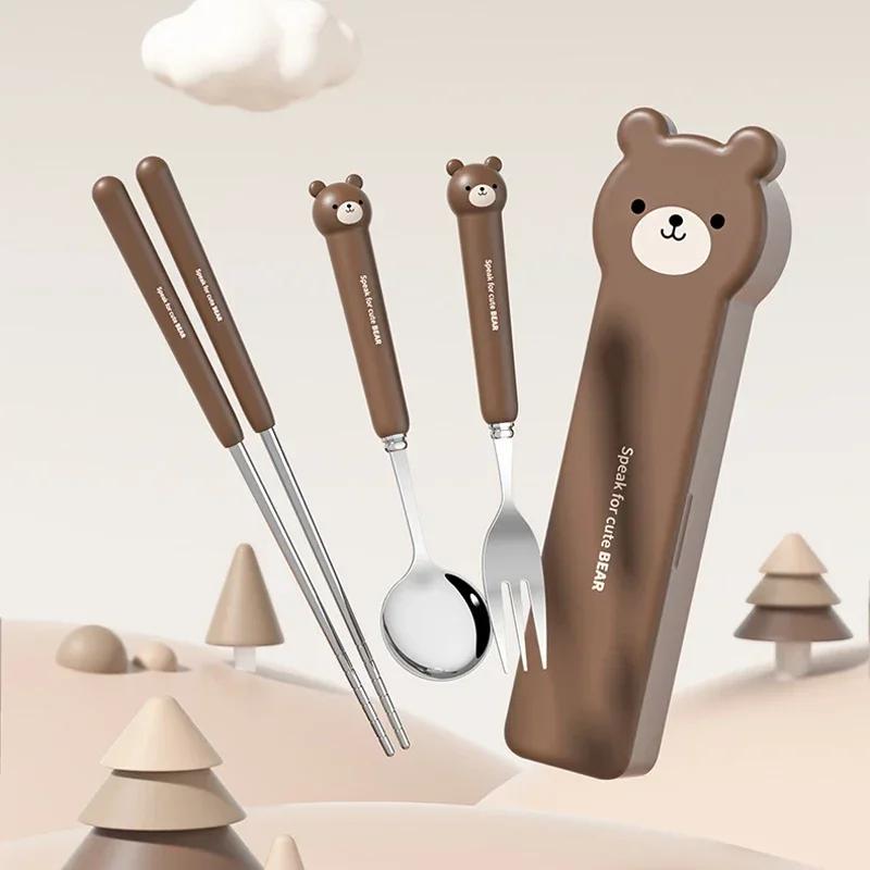 Stainless Steel Portable Cutlery Children'S Two Piece Set Student Cute Animal Bear Rabbit Spoon Fork Chopsticks Three Piece Set