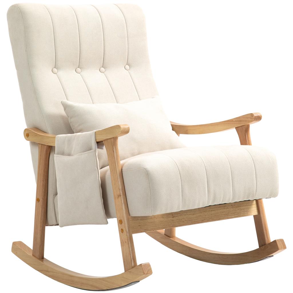 Rocking Chair with Lumbar Cushion, Wide Seat, Rubberwood Frame, Up to 120 kg, Beige