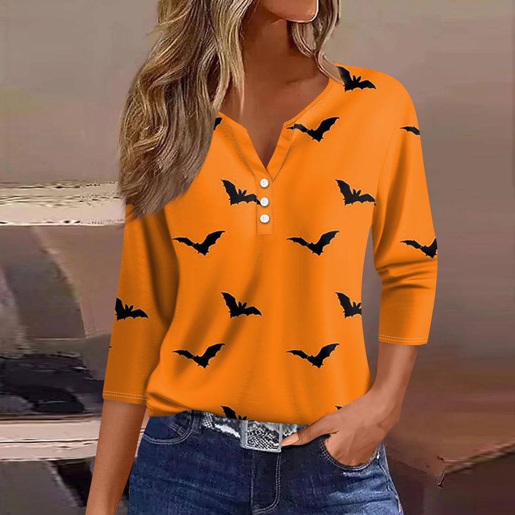 Женские топы с рукавом 3/4 с цветочным принтом на Хэллоуин, винтажные модные повседневные свободные рубашки с v-образным вырезом, рубашки больших размеров