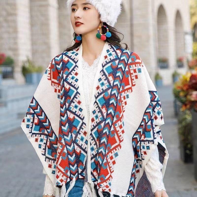 Свитер-плащ осенне-зимняя накидка для женской верхней одежды в полоску вязанной вязки