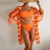 Women's Fashion Sexy 3 Pieces Sun Protection Swimwear Set Padded Bandage Top High Cut Bottom Long Sleeves Cover-Up Swimsuit Printed Bathing Suit