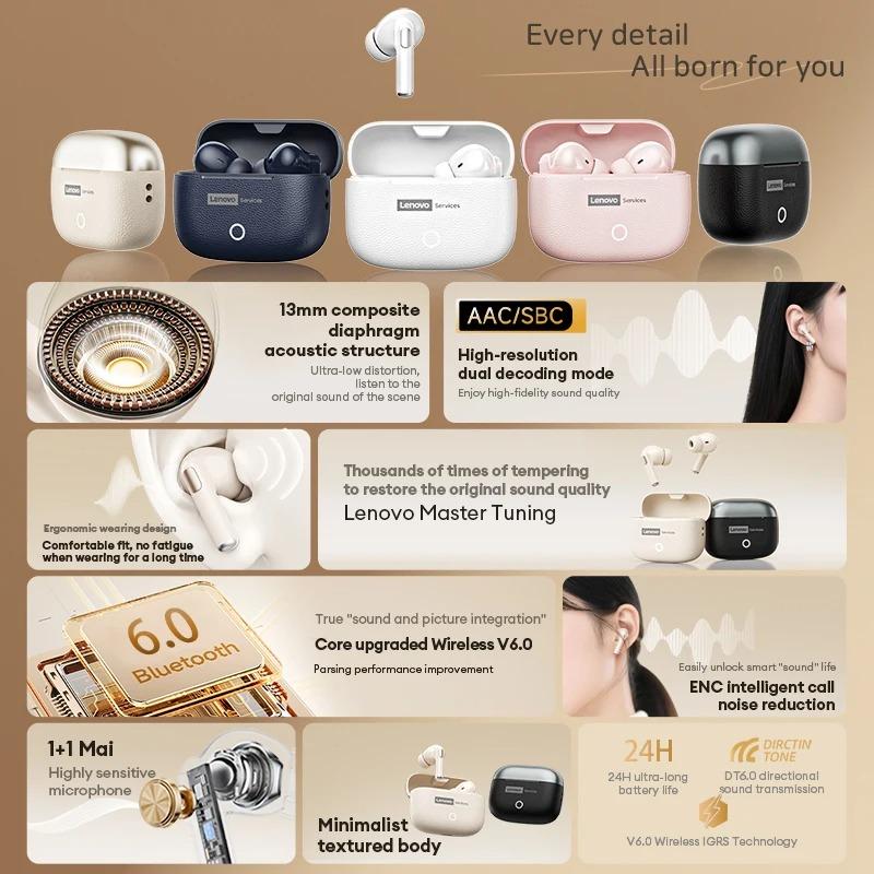 НОВЫЕ беспроводные Bluetooth-наушники Lenovo LE221 с Bluetooth 6.0, ENC шумоподавлением, TWS-наушники, 24 часа работы от аккумулятора, наушники с микрофоном