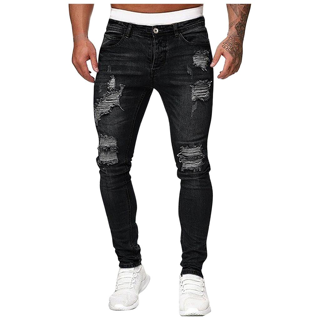 Men Jeans Solid Color Ripped Holes Frayed Gradient Washed Trousers