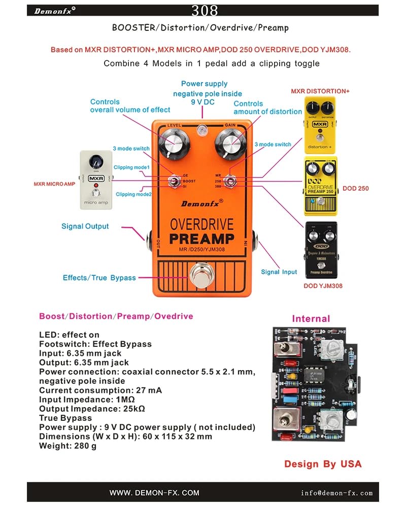Demonfx YJM308 OVER DRIVE ПРЕДУСИЛИТЕЛЬ CLEAN BOOSTER Овердрайв Предусилитель Чистый Бустер Гитарная Педаль Эффектов /