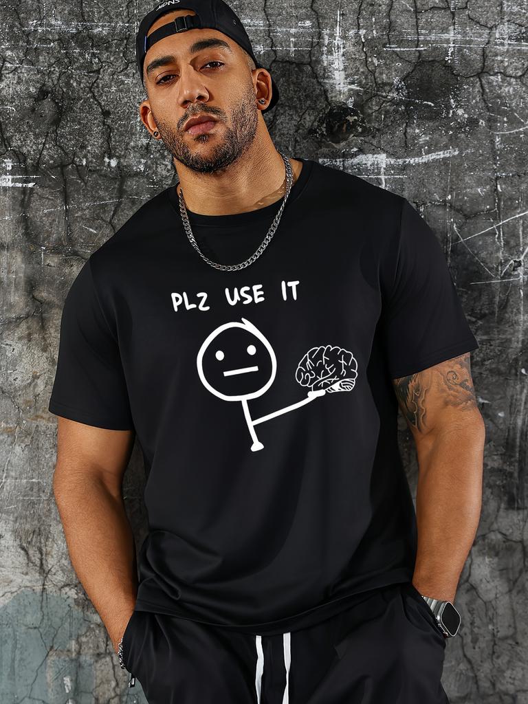 Humorous Brain Graphic T-shirt - "Plz Use It" Funny Print
