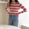 STyle LaTTe Women WinTer Ribbed KniT T shirT sTripe Round Neck Tee