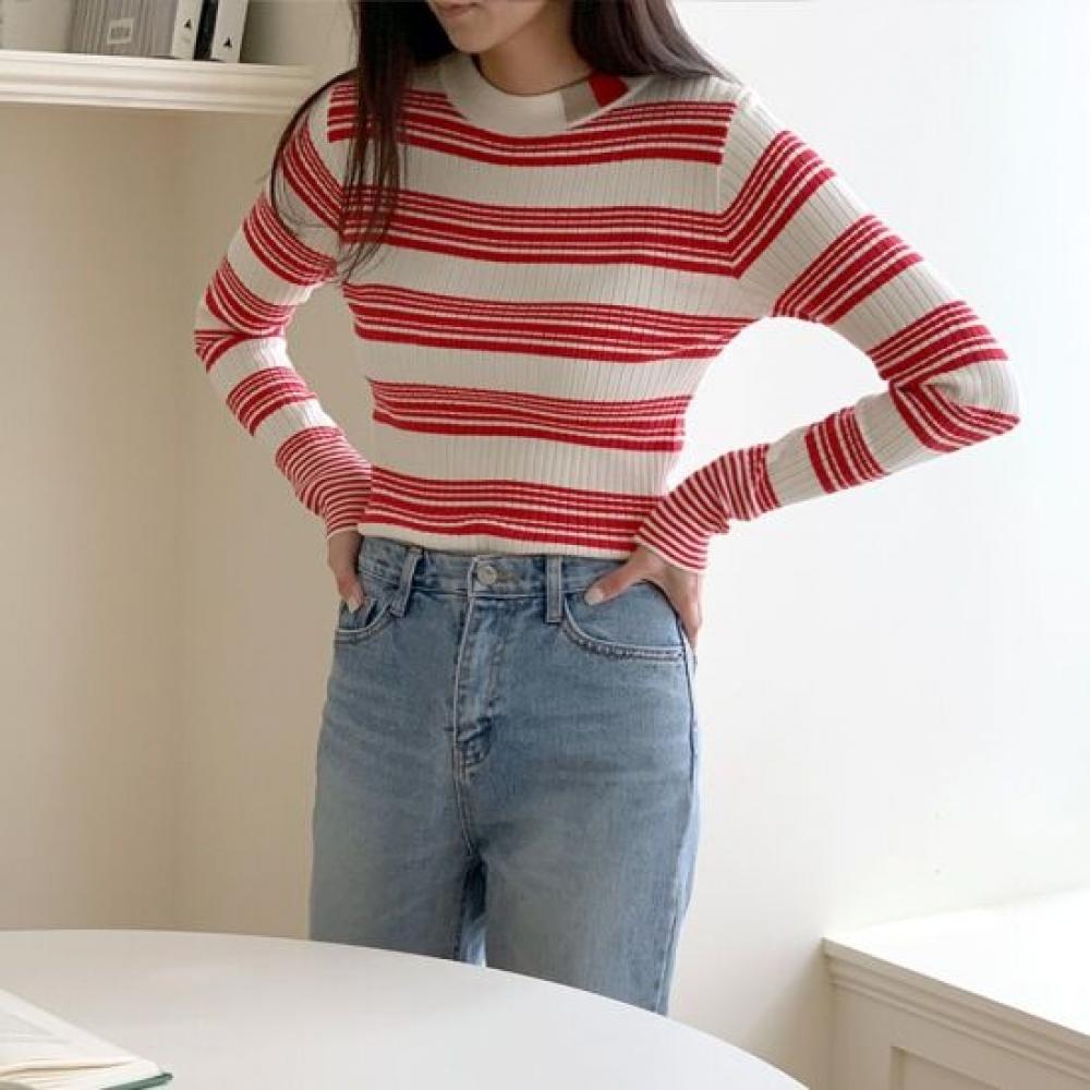 STyle LaTTe Women WinTer Ribbed KniT T shirT sTripe Round Neck Tee