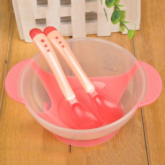 3Pcs Feeding Bowl with Sensing Spoon Fork Suction Cup Anti Slip