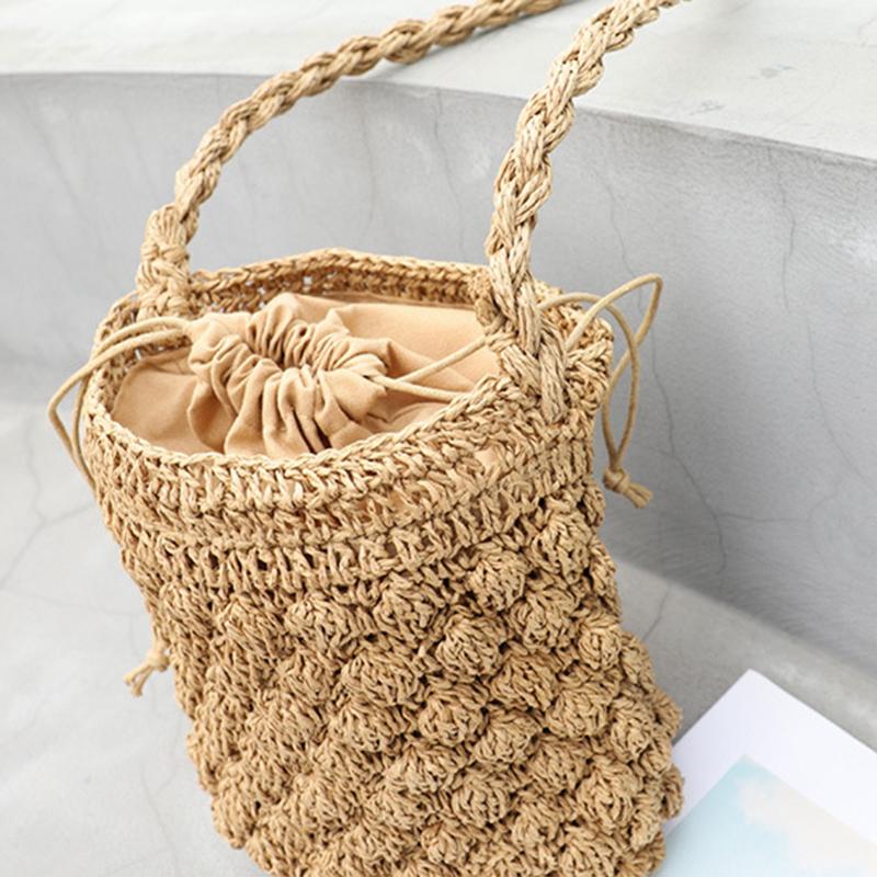 Yogodlns Summer Straw Shoulder Bag Women Large Capacity Rattan Bucket Bag Handmade Woven Beach Bag