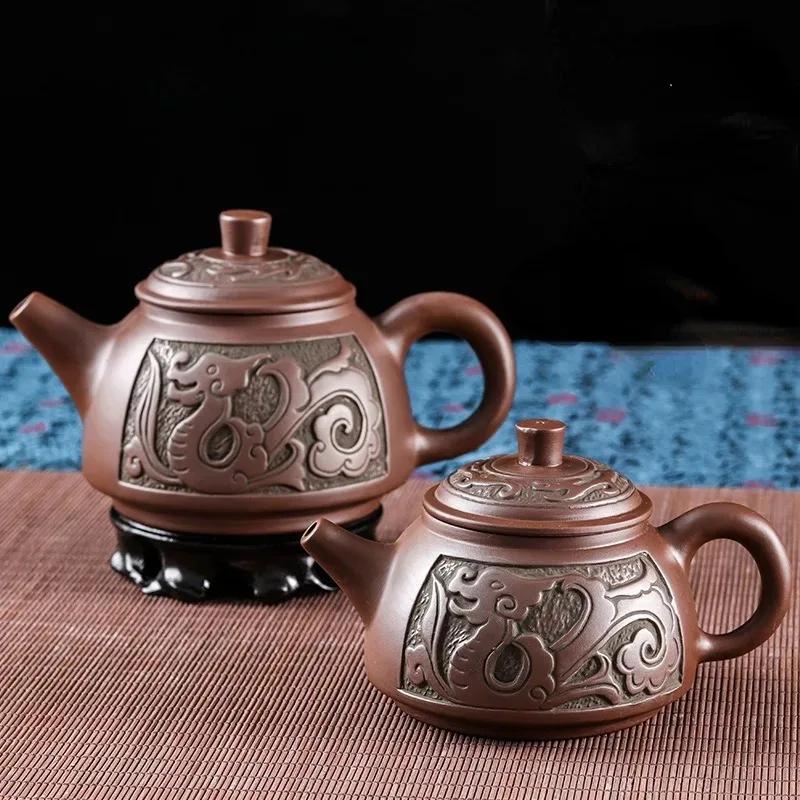 Yixing Large Capacity Purple Sand Bronze Antique Dragon Teapot for Brewing Tea, Household Ceramic Water Teapot and Tea Set 550ml
