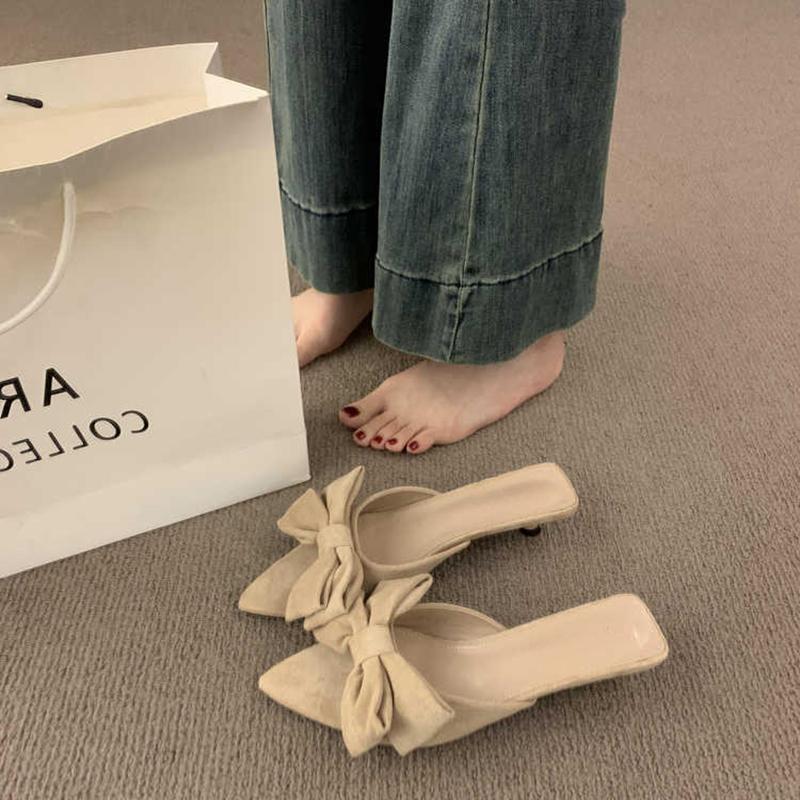 Модные женские летние шлепанцы с бантиком-бабочкой на низком каблуке, элегантные туфли для вечеринки с открытым носком, модные уличные женские шлепанцы