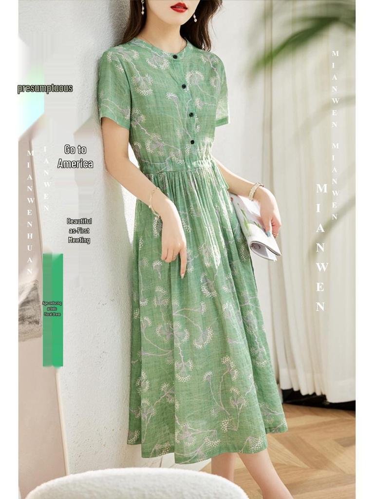 Женское летнее платье 2025 года с цветочным принтом из хлопка и льна - с коротким рукавом, приталенное, длинное, омолаживающее, модная повседневная одежда для мам