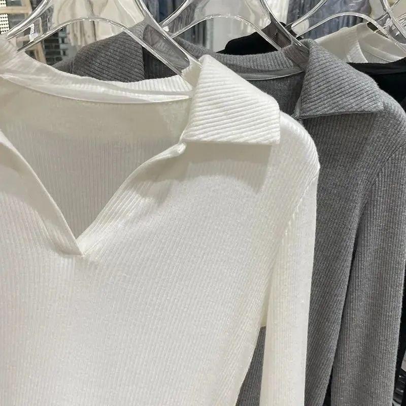 Футболка с лацканами, женская осенне-зимняя вязаная рубашка поло, однотонная эластичная трикотажная майка, вязаный пуловер, свитер