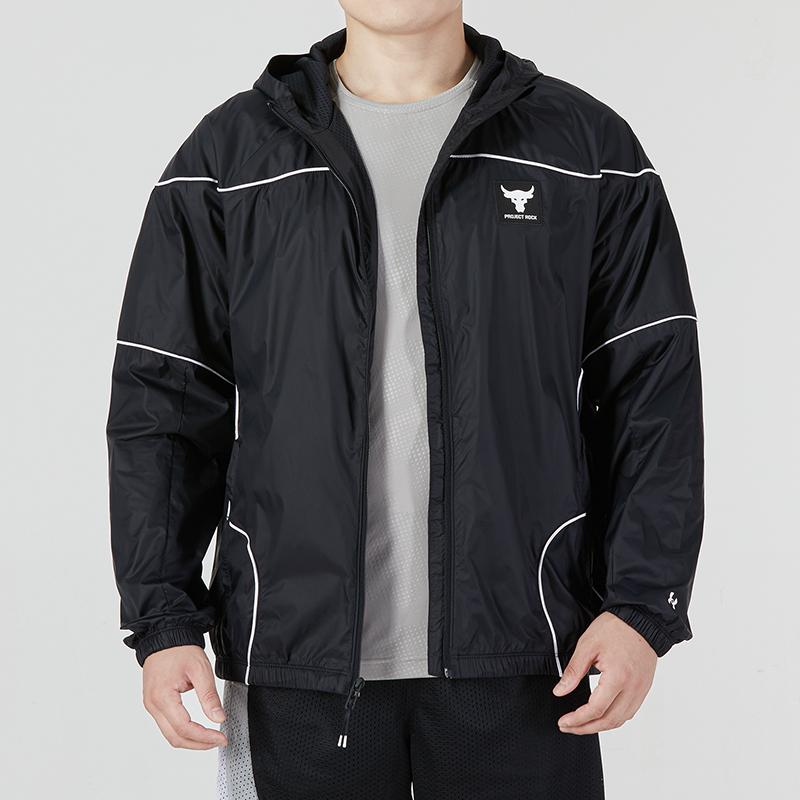 Under Armour Куртка Project Rock Brahma с чистыми линиями и однотонным логотипом, повседневные спортивные тканые мужские куртки с капюшоном, черные 1373580-001