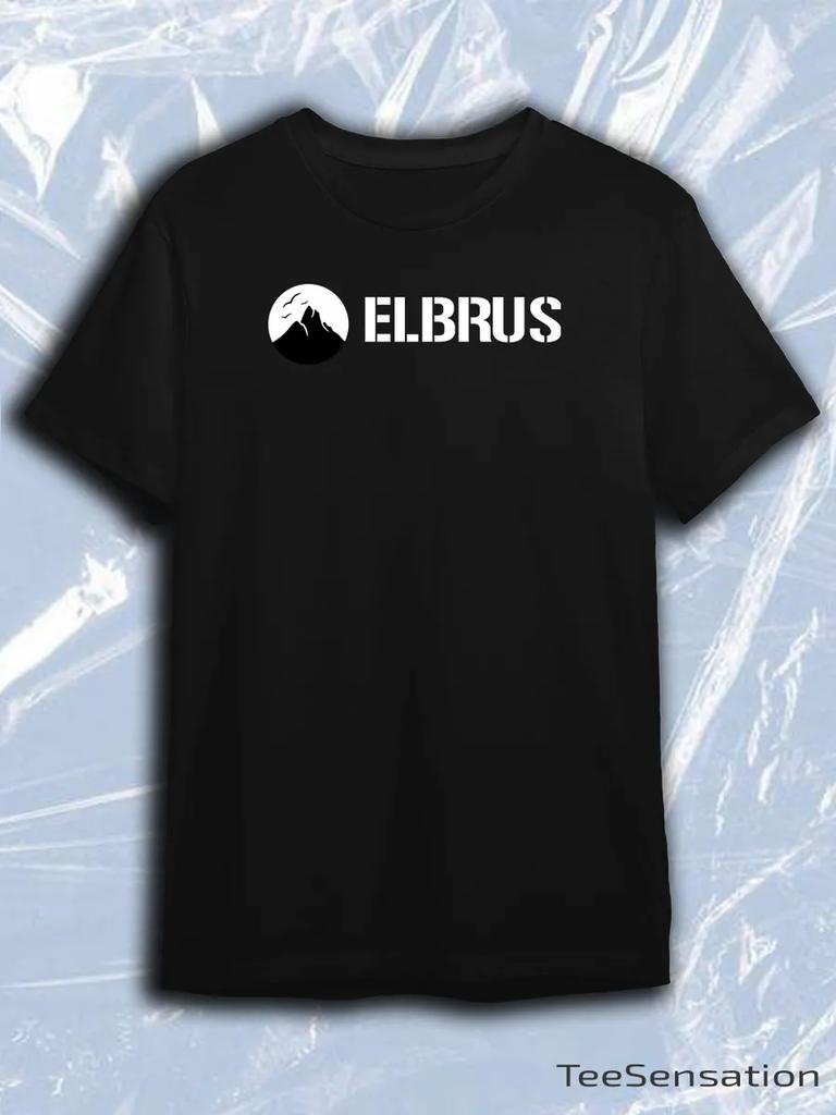 TeeSensation Black Crew Neck Short Sleeve T-Shirt with White ELBRUS Mountain Circle Logo