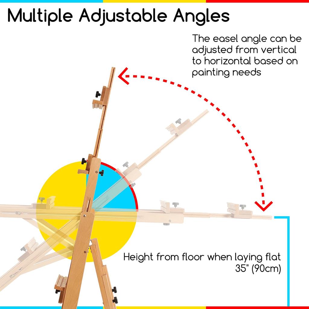 MEEDEN Мольберт Бук Большой Мольберт Регулируемый угол Горизонтальная Живопись Передвижной Вертикальное Хранение Поддерживает 2 натянутых холста До 196 см натянутых