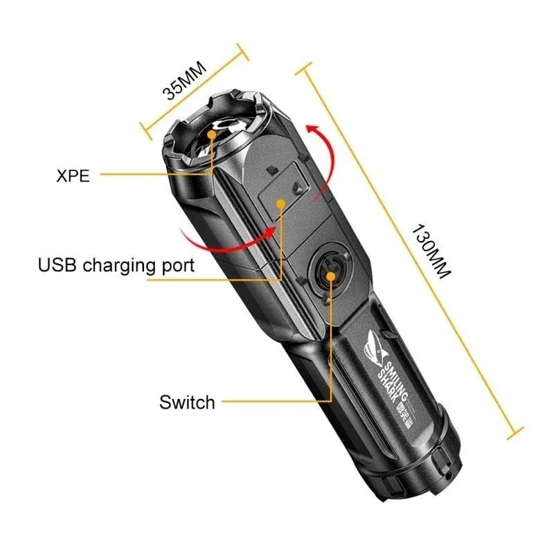 Высокомощный светодиодный фонарик с зарядкой через USB, портативный масштабируемый фонарь для кемпинга, 3 режима освещения, высокопрочный материал ABS