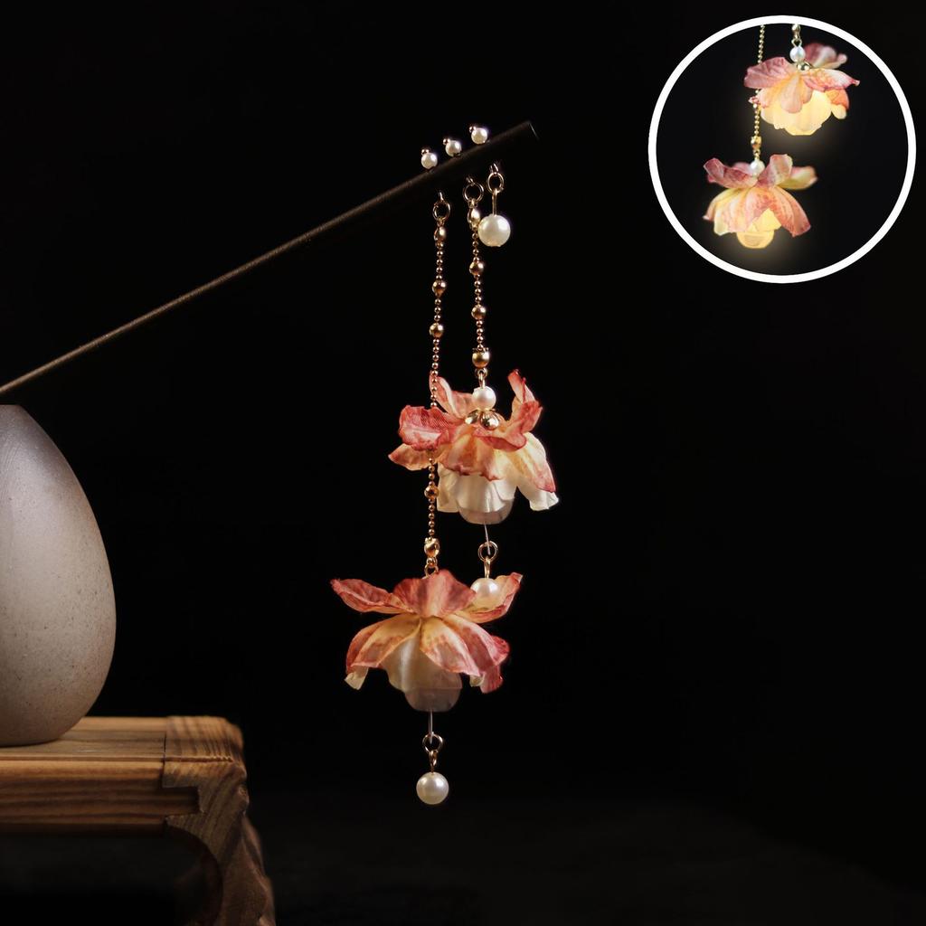 Ретро китайская заколка для волос с подвеской в виде цветка и светодиодной подсветкой, блестящие цветочные палочки-шпильки для волос, деревянные головные украшения для женщин, ювелирные украшения для волос