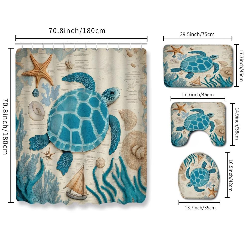 3D Beach Scenery Bathroom Bathing Waterproof Shower Curtain Home Entrance Doormat Bathtub 4Pcs Set Toilet Seat Cover Rugs Bath Non-Slip Floor Mat