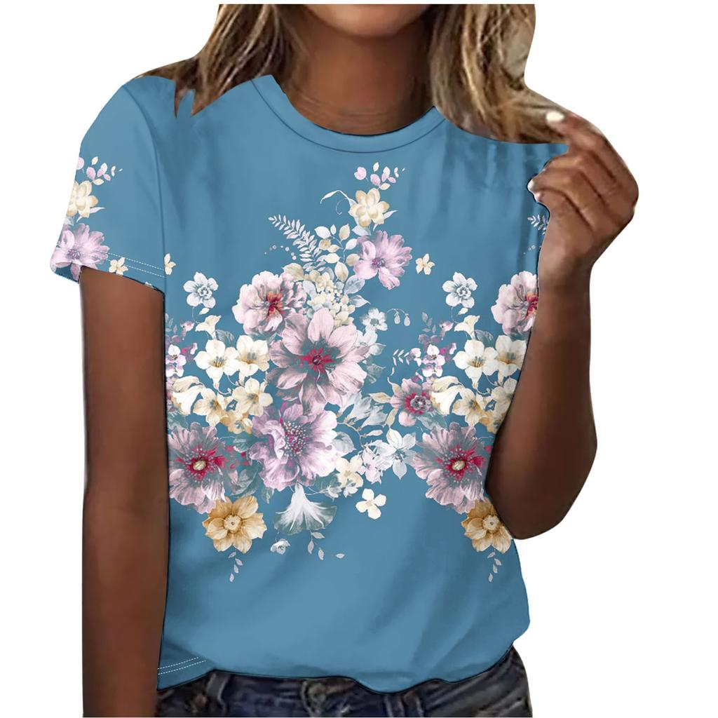 Summer Round Neck Beautiful Floral Print Top Fashionable Casual Short Sleeved Women's T-shirts