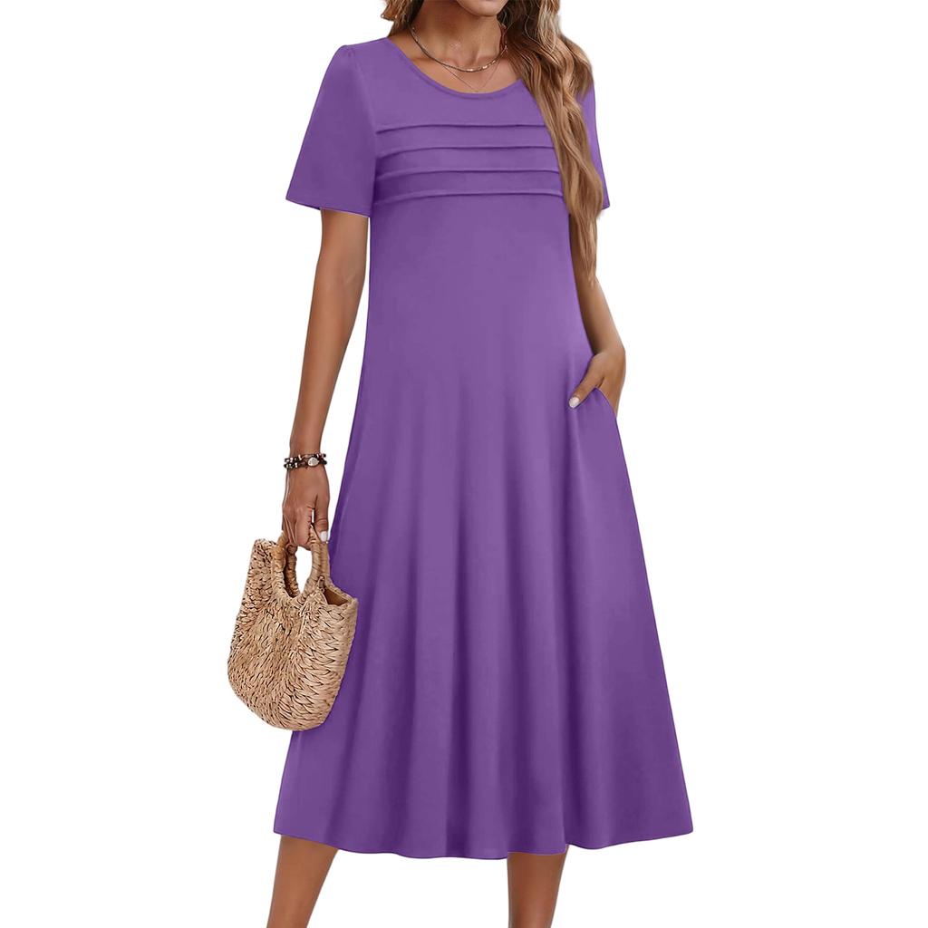 Женское повседневное модное платье с короткими рукавами и круглым вырезом.