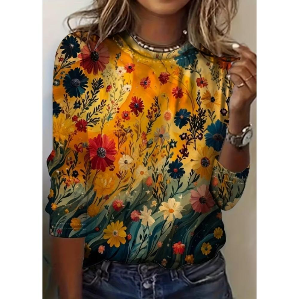 Ladies' Autumn and Winter Casual Marble Pattern Round Neck Long Sleeved T-shirt Base Top Women's Clothing