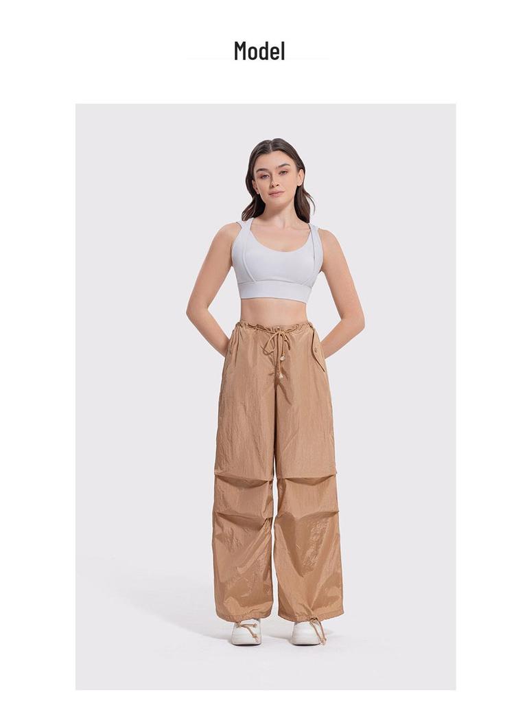 Women's Y2K Wide-Leg Cargo Pants with Drawstring - Slimming American Parachute Design for Casual Sport.
