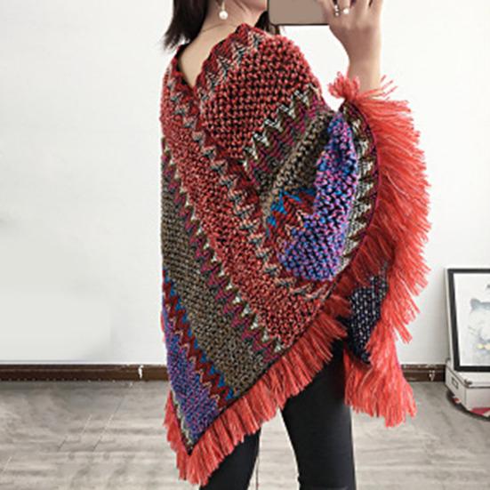 Bohemian Autumn Knitted Coat Knitted Comfy Autumn Winter V Neck Colorful Irregular Hem Cloak Coat Sweater