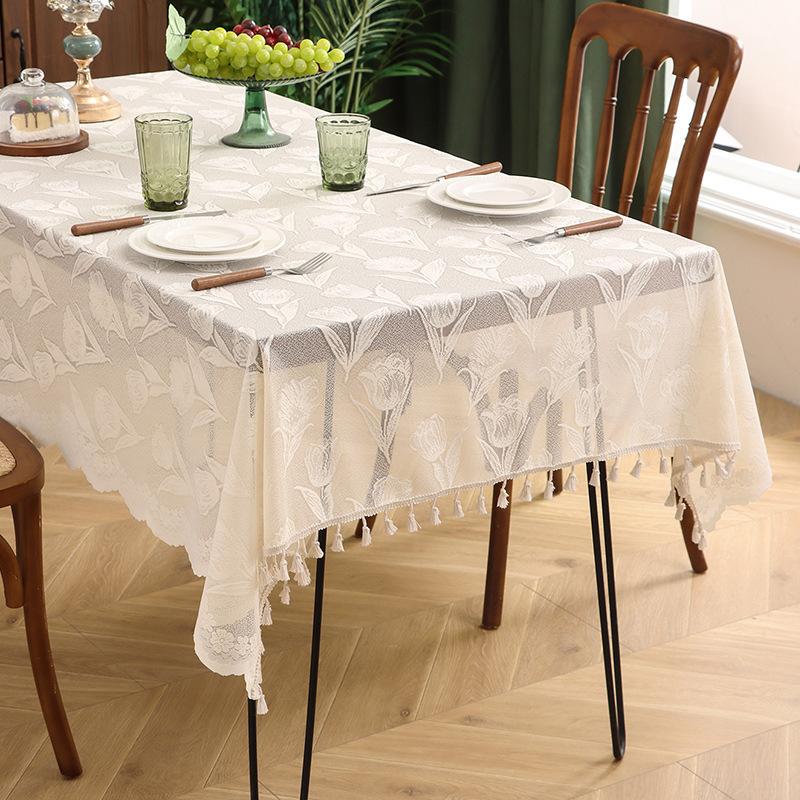 French Retro Lace Tablecloth Cover Towel Rectangular Dining Table Fabric Long Table Square Table Tulip Embroidered Tablecloth