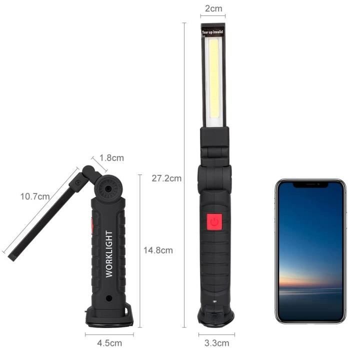 Lampe de travail - COB rechargeable - Base magnétique - 5 modes (blanc/rouge/SOS) - Rotation 360°