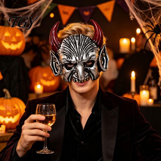 Creepy Fangs Face Shield Halloween Devil Masque, Scary Half Demon Masque with Comfortable Fit Cosplay Gear Horns for Costume, Masquerade Party,