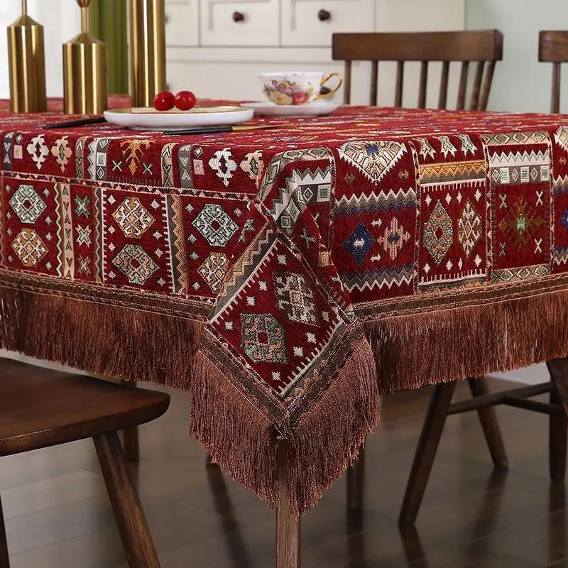Geometric Patterns Chenille Tablecloth Tassel Edge Embroidered Dining Table Cover  Rectangular Thick Wear-resistant Table Cloth