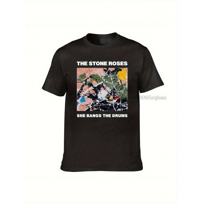 Men'S The Stone Roses She Bangs The Drums Album Cover T-Shirt - Vintage 90s Indie Rock Band Tee with Iconic Logo & Song Lyrics, Relaxed Fit Short