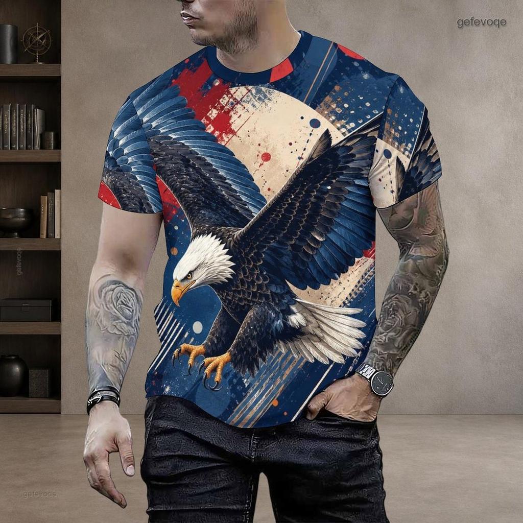 Men s Plus Size Round Neck Short Sleeve Eagle Printed Pullover T Shirt