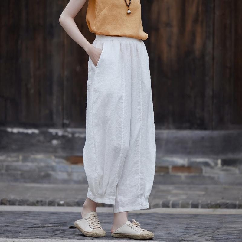 Johnature Женские винтажные шаровары с эластичной резинкой на талии, однотонные льняные брюки, осенние повседневные брюки до щиколотки